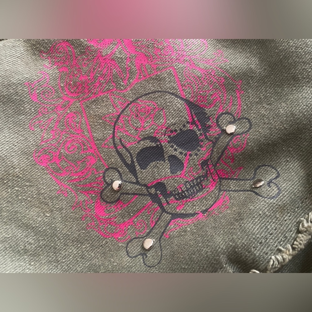 VTG Y2K Foldover Military Utility Stud Skull Crossbody Messenger Bag in Green - Picture 3 of 8